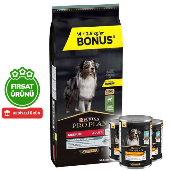 Pro Plan Kuzu Etli Hassas Sindirim Köpek Maması 14 + 2,5 Kg (Toplam 16,5 Kg) + 3 Adet Köpek Konservesi 400 Gr - 1
