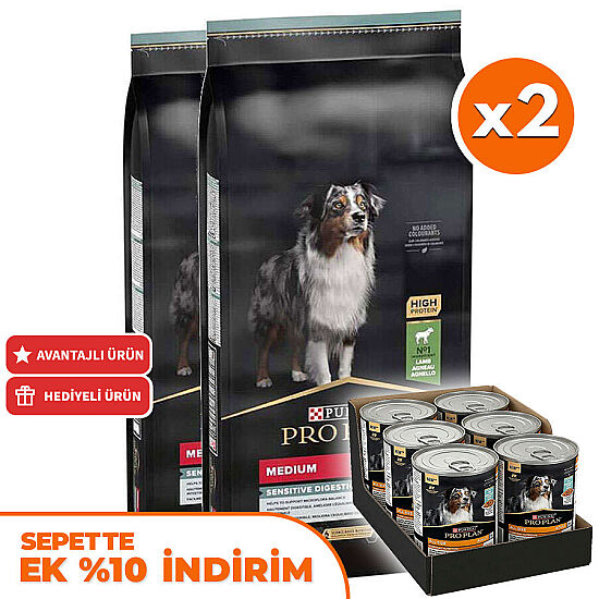 Pro Plan Kuzu Etli Hassas Sindirim Köpek Maması 10 Kg x 2 Adet + 18 Adet Pro Plan Konserve 400 Gr - 1