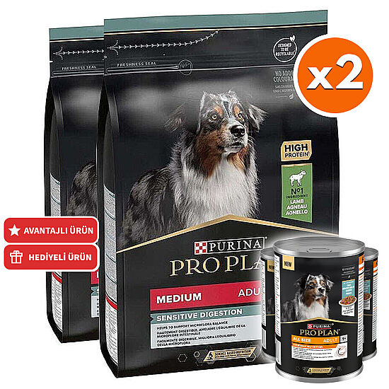 Pro Plan Kuzu Etli Hassas Sindirim Köpek Maması 3 Kg x 2 Adet + 3 Adet Pro Plan Konserve - 1