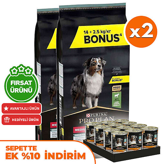 Pro Plan Kuzu Etli Hassas Sindirim Köpek Maması 14 + 2,5 Kg (Toplam 16,5 Kg) x 2 Adet + 12 Adet Pro Plan Konserve - 1