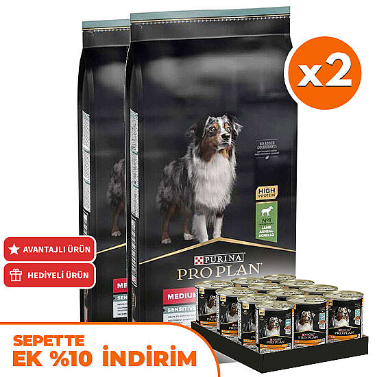 Pro Plan Kuzu Etli Hassas Sindirim Köpek Maması 14 Kg x 2 Adet + 12 Adet Pro Plan Konserve - 1