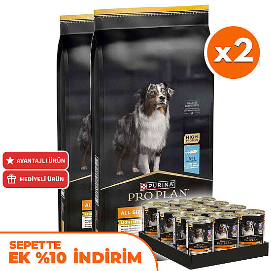 Pro Plan Light Sterilised Balıklı Kısırlaştırılmış Köpek Maması 14 Kg x 2 Adet + 36 Adet Pro Plan Konserve 400 Gr - 1