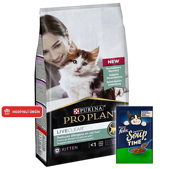 Pro Plan Live Clear Kitten Hindi Etli Yavru Kedi Maması 1,4 Kg + Felix Soup Time Çorba - 1