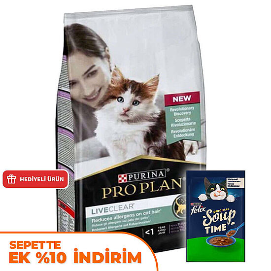 Pro Plan Live Clear Kitten Hindi Etli Yavru Kedi Maması 1,4 Kg + Felix Soup Time Çorba - 1