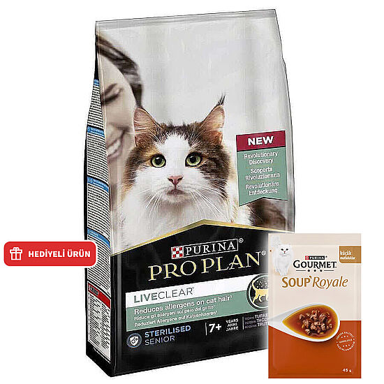 Pro Plan Live Clear Senior Sterilised Hindi Kısırlaştırılmış Kedi Maması 1,4 Kg + 2 Adet Gourmet Çorba - 1