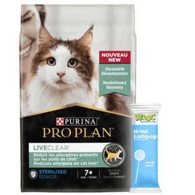 Pro Plan Live Clear Senior Sterilised Hindi Kısırlaştırılmış Yaşlı Kedi Maması 1,4 Kg + Wooc Kedi Ödülü Lolipop