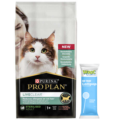 Pro Plan Live Clear Sterilised Somonlu Kısırlaştırılmış Kedi Maması 1,4 Kg + Wooc Kedi Ödülü Lolipop