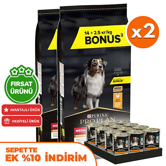 Pro Plan Medium Tavuklu Orta Irk Köpek Maması 14 + 2,5 Kg (Toplam 16,5 Kg) x 2 Adet + 12 Adet Pro Plan Konserve - 1