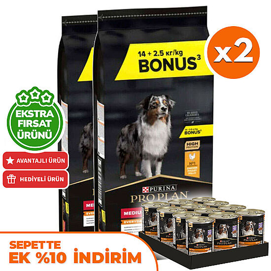 Pro Plan Medium Tavuklu Orta Irk Köpek Maması 14 + 2,5 Kg (Toplam 16,5 Kg) x 2 Adet + 36 Adet Pro Plan Konserve 400 Gr - 1