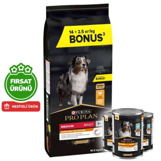 Pro Plan Medium Tavuklu Orta Irk Köpek Maması 14 + 2,5 Kg (Toplam 16,5 Kg) + 3 Adet Köpek Konservesi 400 Gr - 1