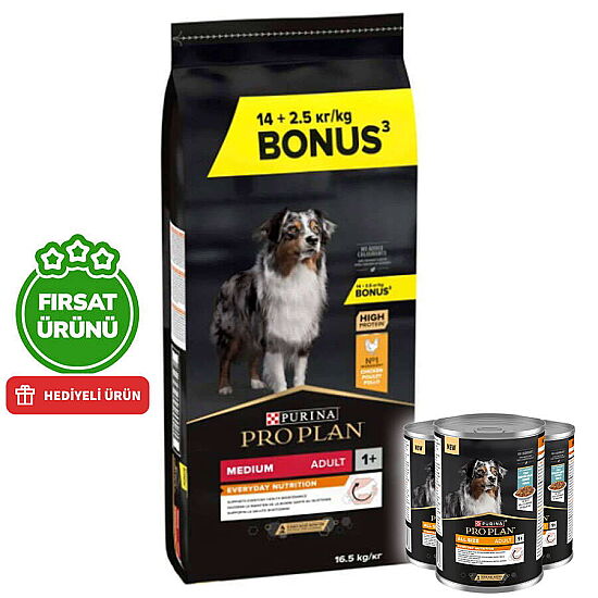 Pro Plan Medium Tavuklu Orta Irk Köpek Maması 14 + 2,5 Kg (Toplam 16,5 Kg) + 3 Adet Pro Plan Konserve 400 Gr - 1