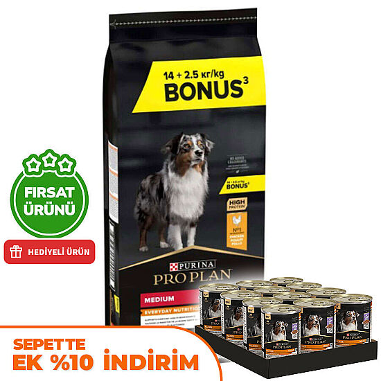 Pro Plan Medium Tavuklu Orta Irk Köpek Maması 14 + 2,5 Kg (Toplam 16,5 Kg) + 12 Adet Pro Plan Konserve 400 Gr - 1