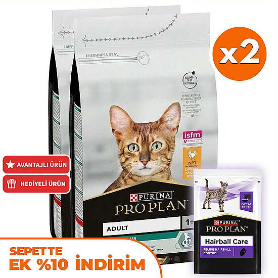 Pro Plan Tavuk Etli Kedi Maması 10 Kg x 2 Adet + 35 Adet Pro Plan Hairball Pouch - 1