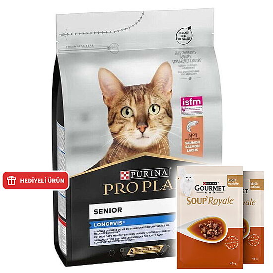 Pro Plan Longevis Senior +7 Somonlu Kedi Maması 3 Kg + 2 Adet Gourmet Çorba - 2