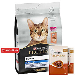 Pro Plan Longevis Senior +7 Somonlu Kedi Maması 3 Kg + 2 Adet Gourmet Çorba - Pro Plan