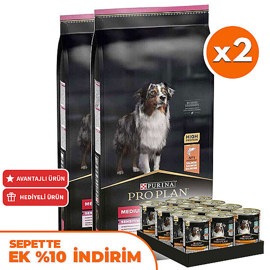 Pro Plan Sensitive Somonlu Hassas Köpek Maması 14 Kg x 2 Adet + 12 Adet Pro Plan Konserve - 1