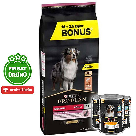 Pro Plan Sensitive Somonlu Hassas Köpek Maması 14 + 2,5 Kg (Toplam 16,5 Kg) + 3 Adet Pro Plan Konserve 400 Gr - 1