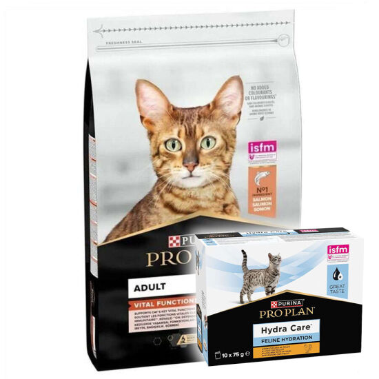 Pro Plan Somonlu Kedi Maması 10 Kg + Hydra Care Yaş Mama 75 Gr x 10 Adet - 1