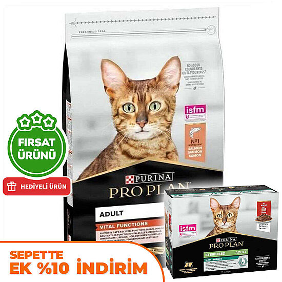 Pro Plan Somonlu Kedi Maması 10 Kg + Pro Plan Yaş Mama 85 Gr x 10 Adet - 1