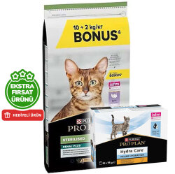 Pro Plan Kısırlaştırılmış Hindi Etli Kedi Maması 10 + 2 Kg (Toplam 12 Kg) + Hydra Care Yaş Mama 75 Gr x 10 Adet - Pro Plan