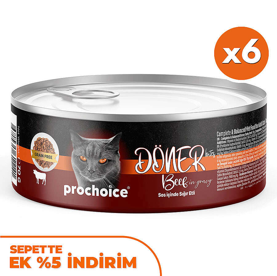 ProChoice DÖNER Bites Adult Sos İçerisinde Dana Etli (Biftekli) Kedi Yaş Maması 70 Gr x 6 Adet