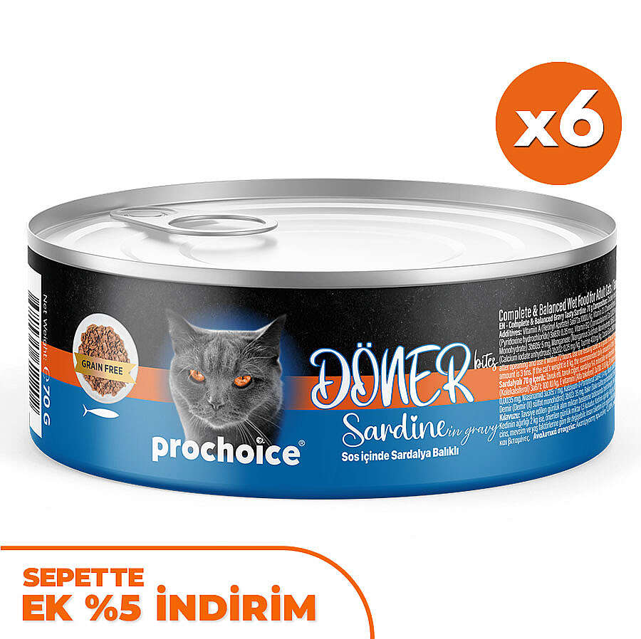 ProChoice DÖNER Bites Adult Sos İçerisinde Sardalyalı Kedi Yaş Maması 70 Gr x 6 Adet