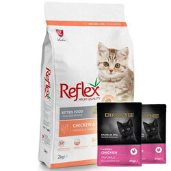 Reflex - Reflex Kitten Tavuklu Yavru Kedi Maması 2 Kg + 2 Adet Challenge Pouch 85 Gr Yaş Mama