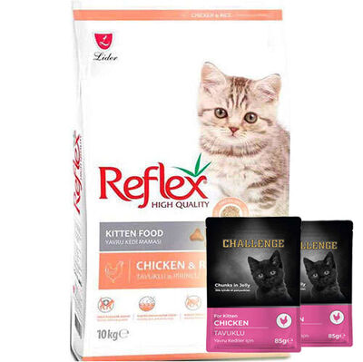 Reflex Kitten Tavuklu Yavru Kedi Maması 10 Kg + 5 Adet Challenge Pouch 85 Gr Yaş Mama