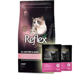 Reflex - Reflex Plus Mother Baby Kuzu Etli Yavru ve Anne Kedi Maması 1,5 Kg + 2 Adet Challenge Pouch 85 Gr Yaş Mama
