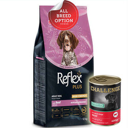 Reflex - Reflex Plus High Energy Biftekli Köpek Maması 12 Kg + 5 Adet Challenge 400 Gr Konserve