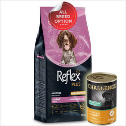 Reflex - Reflex Plus High Energy Biftekli Köpek Maması 12 Kg + 5 Adet Challenge 400 Gr Konserve