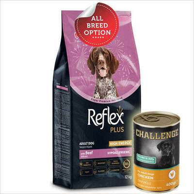 Reflex Plus High Energy Biftekli Köpek Maması 12 Kg + 5 Adet Challenge 400 Gr Konserve - 1