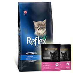 Reflex - Reflex Plus Kitten Somonlu Yavru Kedi Maması 1,5 Kg + 2 Adet Challenge Pouch 85 Gr Yaş Mama