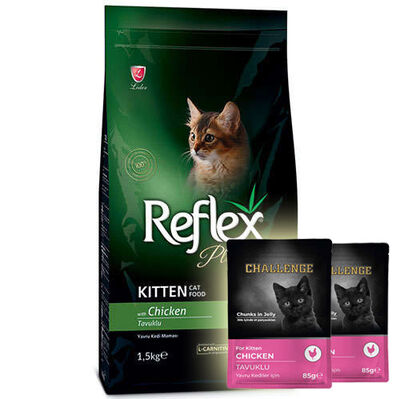 Reflex Plus Kitten Tavuk Etli Yavru Kedi Maması 1,5 Kg + 2 Adet Challenge Pouch 85 Gr Yaş Mama