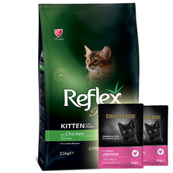Reflex - Reflex Plus Kitten Tavuk Etli Yavru Kedi Maması 15 Kg + 5 Adet Challenge Pouch 85 Gr Yaş Mama