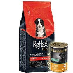 Reflex Plus Puppy Kuzu Orta ve Büyük Irk Yavru Köpek Maması 12 Kg + 5 Adet Challenge 400 Gr Konserve - Reflex