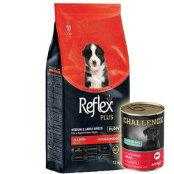Reflex - Reflex Plus Puppy Kuzu Orta ve Büyük Irk Yavru Köpek Maması 12 Kg + 5 Adet Challenge 400 Gr Konserve