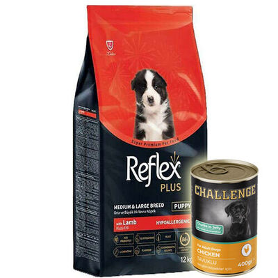 Reflex Plus Puppy Kuzu Orta ve Büyük Irk Yavru Köpek Maması 12 Kg + 5 Adet Challenge 400 Gr Konserve