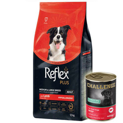 Reflex - Reflex Plus Kuzu Orta ve Büyük Irk Köpek Maması 12 Kg + 5 Adet Challenge 400 Gr Konserve