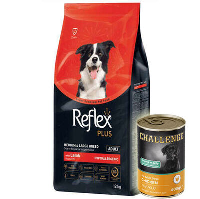 Reflex Plus Kuzu Orta ve Büyük Irk Köpek Maması 12 Kg + 5 Adet Challenge 400 Gr Konserve