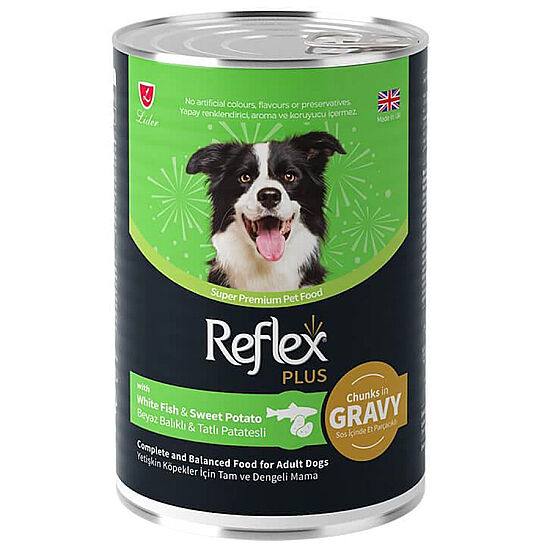 Reflex Plus Gravy Beyaz Balıklı ve Tatlı Patates Et Parçacıklı Soslu Köpek Konservesi 400 Gr - 1