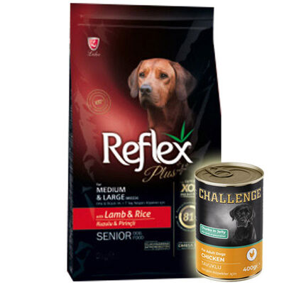 Reflex Plus Senior Orta ve Büyük Irk Kuzu Yaşlı Köpek Maması 15 Kg + 5 Adet Challenge 400 Gr Konserve