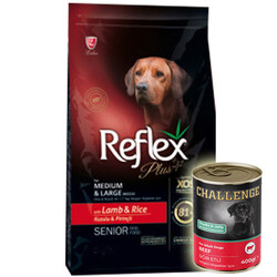Reflex - Reflex Plus Senior Orta ve Büyük Irk Kuzu Yaşlı Köpek Maması 15 Kg + 5 Adet Challenge 400 Gr Konserve