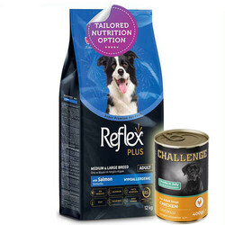 Reflex - Reflex Plus Somonlu Orta ve Büyük Irk Köpek Maması 12 Kg + 5 Adet Challenge 400 Gr Konserve