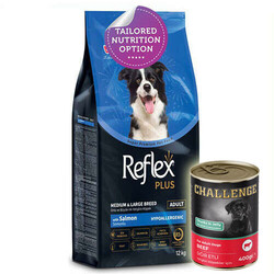 Reflex - Reflex Plus Somonlu Orta ve Büyük Irk Köpek Maması 12 Kg + 5 Adet Challenge 400 Gr Konserve