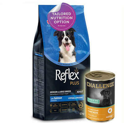 Reflex Plus Somonlu Orta ve Büyük Irk Köpek Maması 12 Kg + 5 Adet Challenge 400 Gr Konserve - 1