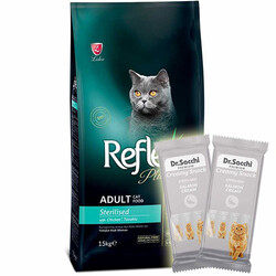 Reflex - Reflex Plus Sterilised Tavuk Kısırlaştırılmış Kedi Maması 15 Kg + 2 Adet Dr Sacchi 4 lü Creamy Ödül