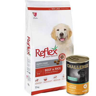 Reflex Puppy Biftekli Yavru Köpek Maması 15 Kg + 5 Adet Challenge 400 Gr Konserve