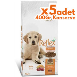 Reflex Puppy Biftekli Yavru Köpek Maması 15 Kg + 5 Adet 400 Gr Yaş Mama - Reflex