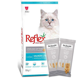 Reflex - Reflex Sterilised Somonlu Kısırlaştırılmış Kedi Maması 10 Kg + 2 Adet Dr Sacchi 4 lü Creamy Ödül